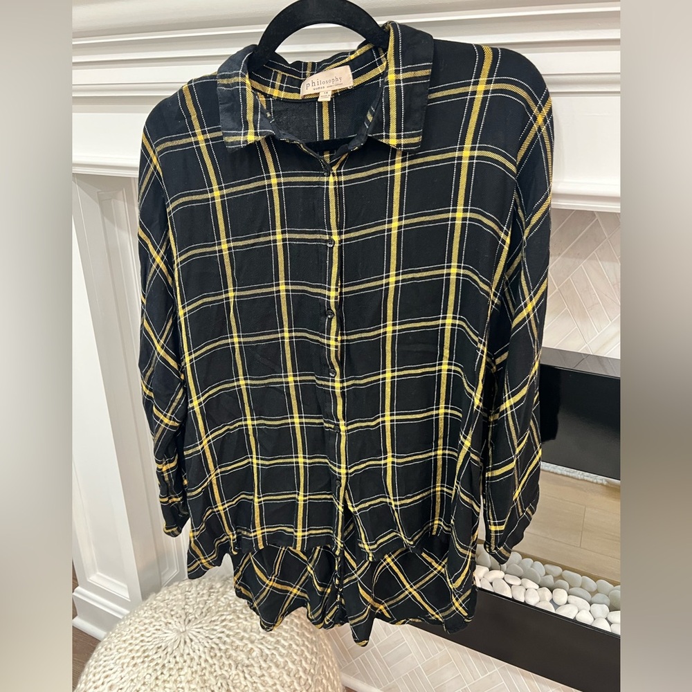 Philosophy Black and Yellow Plaid Button Down Shirt 3/4 Sleeves Curved Hem 1X